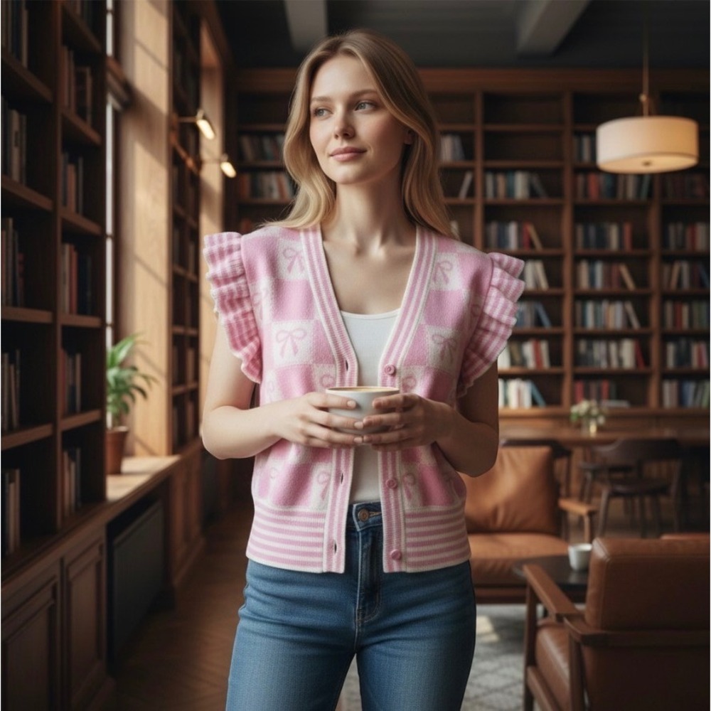 rareraw Pink and White Bow-Print Ruffle Sleeve Knit Cardigan Vest‎ Women Small